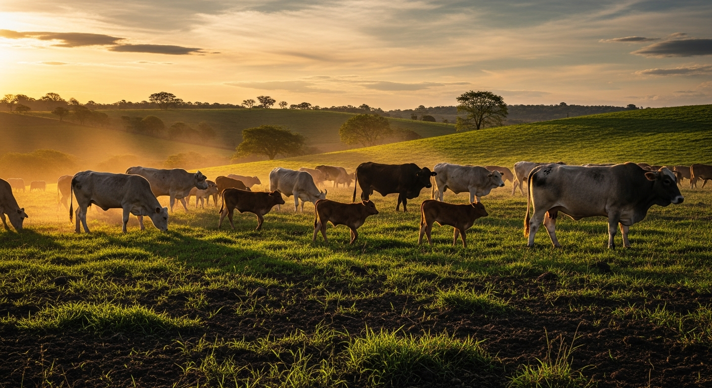 Majada de bovinos de carne en un campo latinoamericano