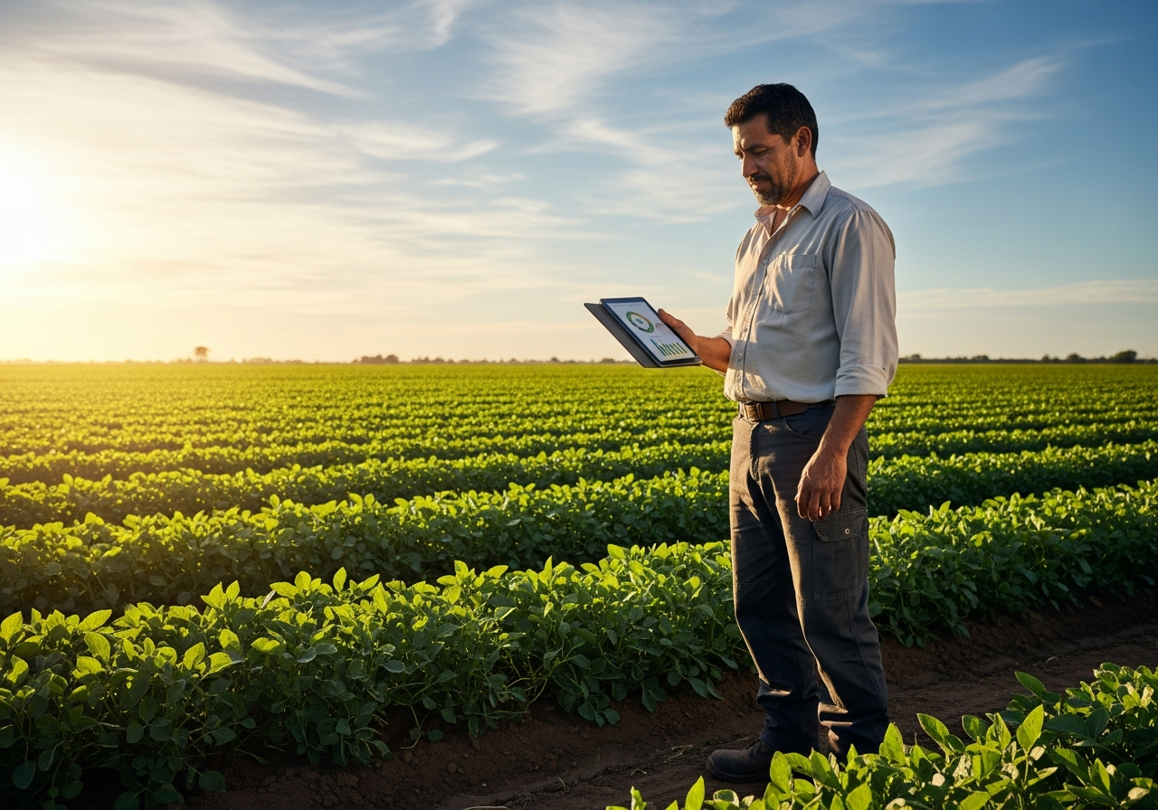 Administrador agrícola usando tablet en el campo