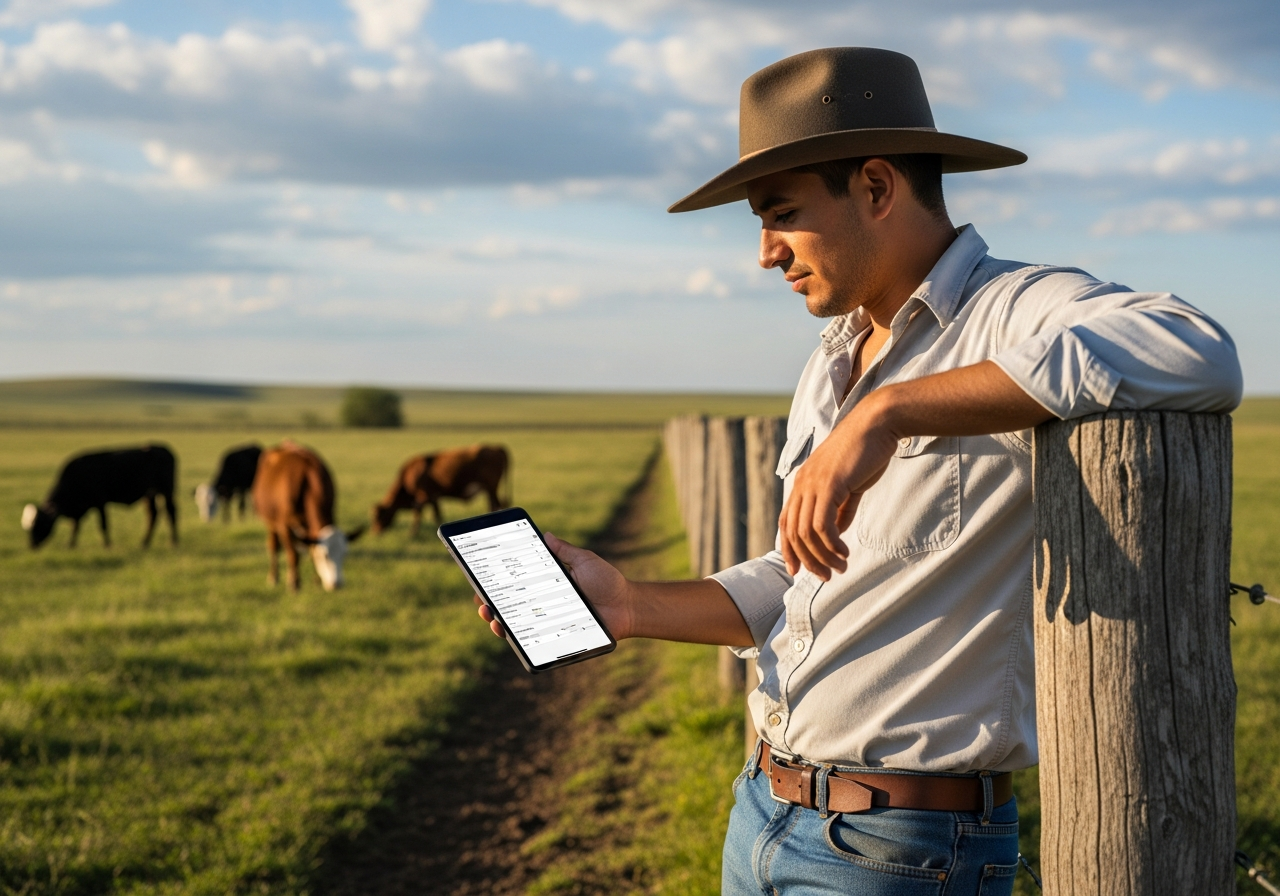 Ganadero usando tecnología en el campo