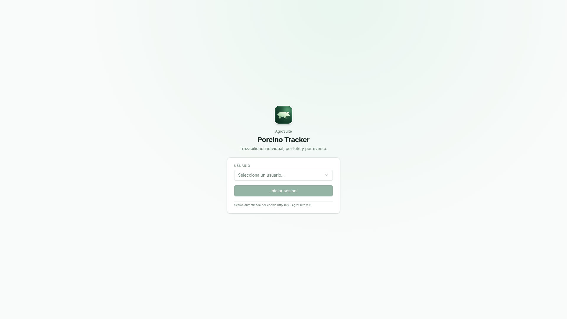 Pantalla de acceso de Porcino Tracker en porcino.agrosuite.co